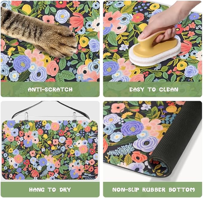 Dog Food Mats for Floors Waterproof, Pet Water Bowl Mats Pet Feeding Absorbent Placemats Flower 16 * 24 inch