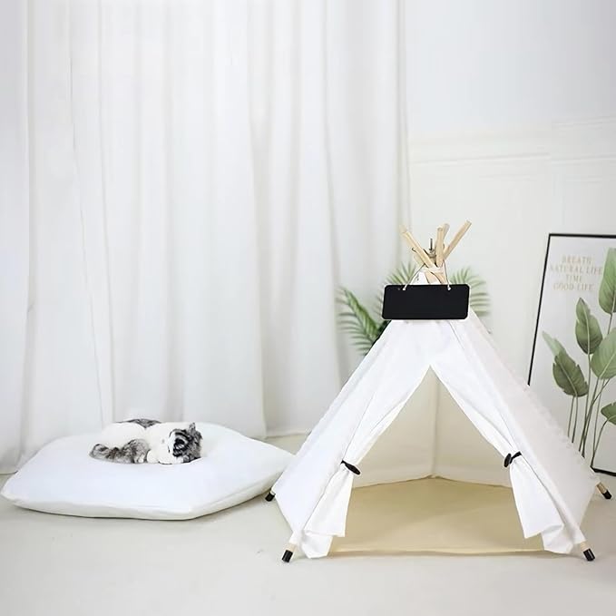 Cat Teepee Tent Bed,Outdoor Indoor Dog House,Portable Washable Pet Tent for Small Dogs with Cushion,Inside Pet Teepee for Small Medium Animals (White, M)