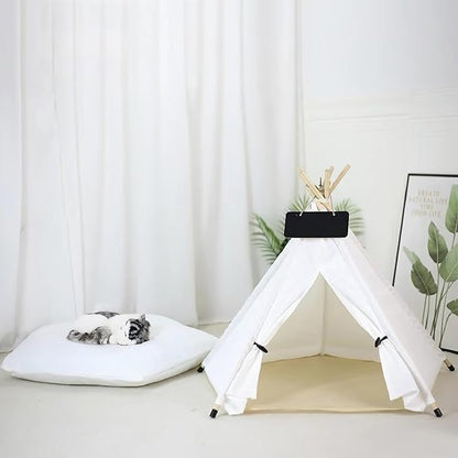 Cat Teepee Tent Bed,Outdoor Indoor Dog House,Portable Washable Pet Tent for Small Dogs with Cushion,Inside Pet Teepee for Small Medium Animals (White, M)