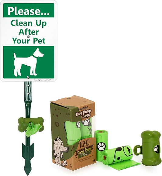 SmartSign Please Clean Up After Your Pet Yard Sign & Clip-On Preloaded Dispenser Combo/Kit with 135 Dog Poop Waste Bags, 7"x10" Rust-proof Aluminum Sign with 18-inch Steel Stake