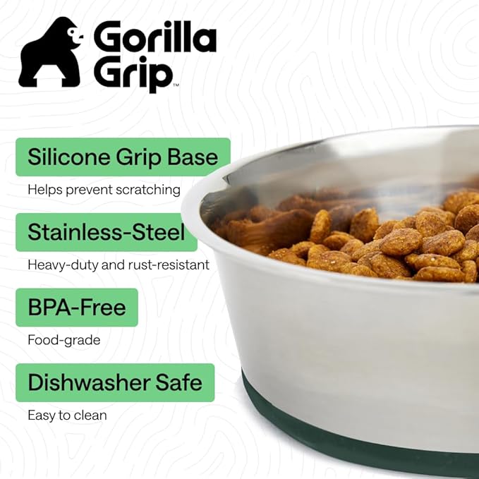 GORILLA GRIP Dog Bowls, Heavy Duty 304 Stainless Steel, Holds 2 Cups Each (16 fl oz) Food and Water Bowl for Feeding Dogs and Cats, Dishwasher Safe, Rust Resistant, BPA Free Rubber Base Set of 2 Green