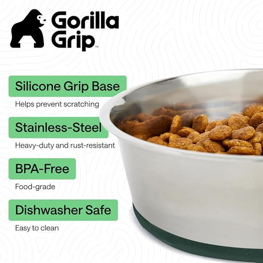 GORILLA GRIP Dog Bowls, Heavy Duty 304 Stainless Steel, Holds 2 Cups Each (16 fl oz) Food and Water Bowl for Feeding Dogs and Cats, Dishwasher Safe, Rust Resistant, BPA Free Rubber Base Set of 2 Green