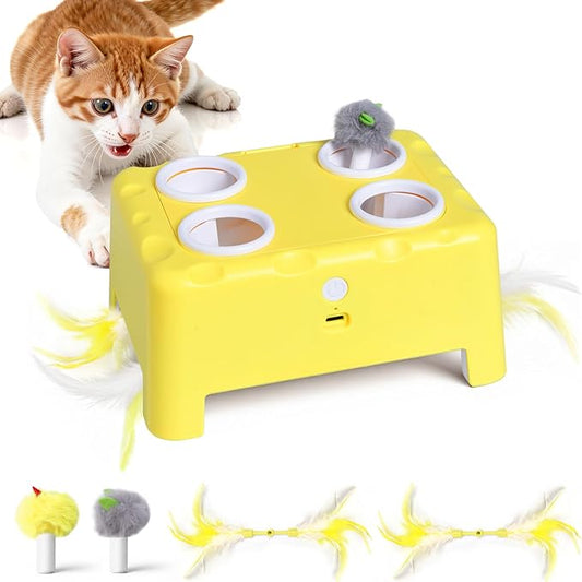 Cheese Box Interactive Cat Toy for Indoor Cats, 3-in-1 Whack a Mole Feather Toy, 3 Modes Rechargeable Auto Cat Toys for Bored Cats, 4 Holes Kitten Toy, 4 Accessories (Yellow)