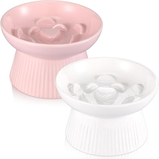 Layhit 2 Pack Raised Slow Feeder Cat Bowls Ceramic Elevated Cat Food Bowls Anti Vomiting Slow Feeder for Dog and Kitten for Dry and Wet Food(Pink, White)