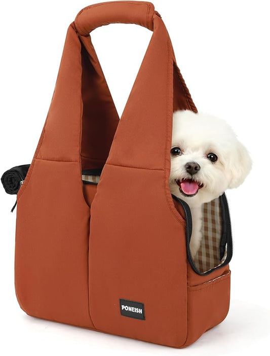 Dog Purse Carrier for Small Dogs and Cats, Soft-Sided Pet Tote Bag with 6 Large Pockets, Collapsible Travel Puppy Carrier, Fits Pets up to 13 lbs (Caramel, 15.7" L x 8" W x 11.8" H)