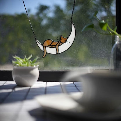 BOXCASA Stained Glass on Moon Cat Windown Hanging,Handcrafted Suncatcher Orange Cat Mom Gifts for Women,Daughter,Mothers Day,Christmas