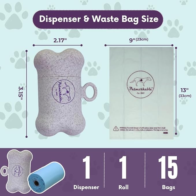 Complete Earth-Conscious Dog Waste Kit: Wheat Straw Waste Bag Dispenser with one corn starch 15-bag waste bag roll, Carabiner, Elastic Band for Secure Leash Attachment, Leak-Proof (Beige)
