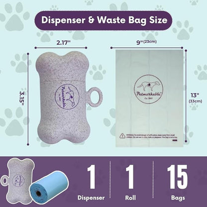 Complete Earth-Conscious Dog Waste Kit: Wheat Straw Waste Bag Dispenser with one corn starch 15-bag waste bag roll, Carabiner, Elastic Band for Secure Leash Attachment, Leak-Proof (Beige)