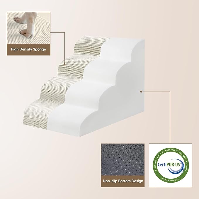 PAWSCART Pet Stairs for Dogs 5-Step, 22.8" H Pet Stairs for High Bed, Couch Sofa & Chair, 30D Material Soft Foam Dog Steps with Non-Slip Bottom Surface Removable Washable Cover, Beige
