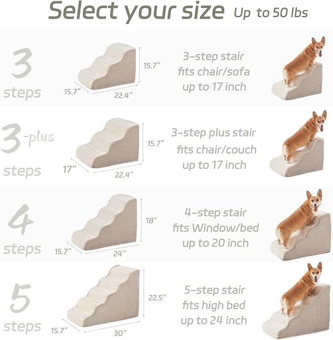 Dog Stairs for Small Dogs & Cats 15.7" H, High Density Foam Dog Steps Ramp for Couch Sofa and Chair, Widened 3-Step Pet Stairs with Non-Slip Bottom and Remove Washable Cover, Beige