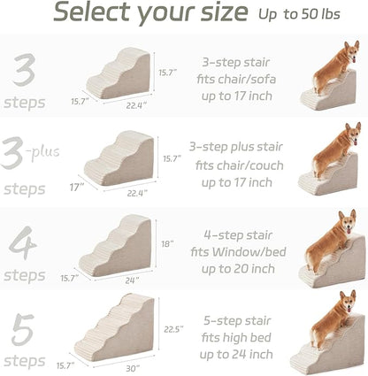 Dog Stairs for Small Dogs & Cats 15.7" H, High Density Foam Dog Steps Ramp for Couch Sofa and Chair, Widened 3-Step Pet Stairs with Non-Slip Bottom and Remove Washable Cover, Beige