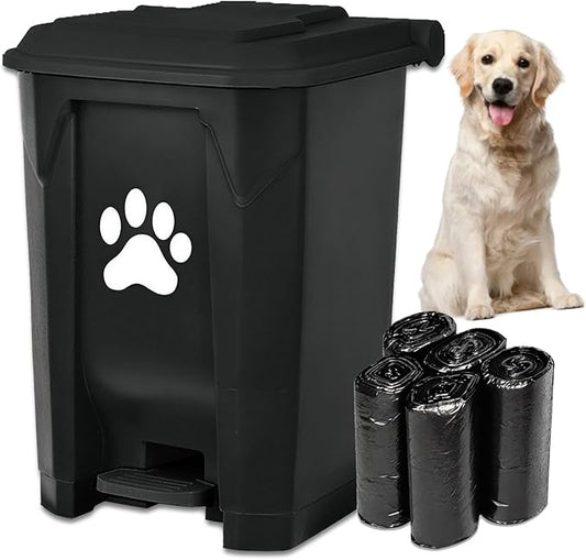 tebiete Dog Poop Trash Can Outdoors Pet Waste Station with Lid Dog Waste Disposal Container with Removable Inner Bin Bucket Hands-Free Pedal Garden Yard Home with 5Rolls Waste Bags, Black