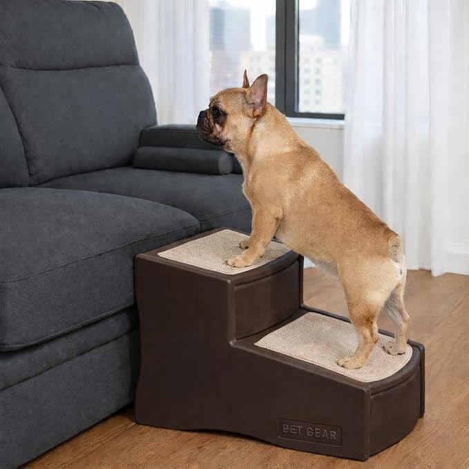 Pet Gear Easy Step II Pet Stairs, 2 Step for Cats/Dogs up to 75-pounds, Portable, Removable Washable Carpet Tread, No Tools Required, Coffee Bean