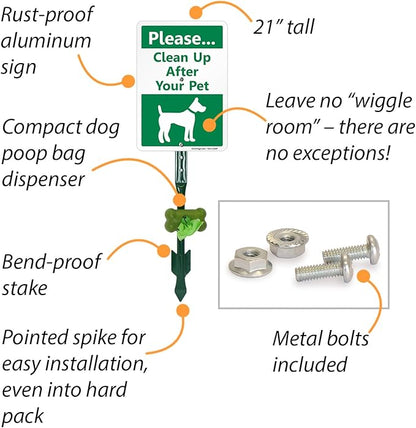 SmartSign Please Clean Up After Your Pet Yard Sign & Clip-On Dispenser Combo/Kit, 7"x10" Rust-proof Aluminum Sign with 18-inch Steel Stake, Compact Dispenser Preloaded with a 15 Dog Poop Bags Roll