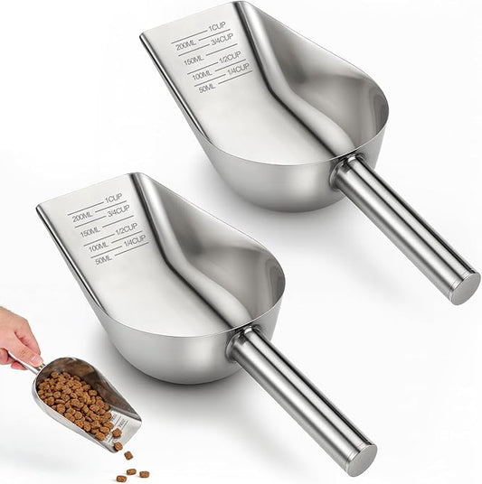 Palksky Dog & Cat Food Scoop, 1 Cup Stainless Steel Pet Food Measuring Cup with Long Handle, Precision Scale, Easy to Clean for Wet or Dry Food, 2 Packs