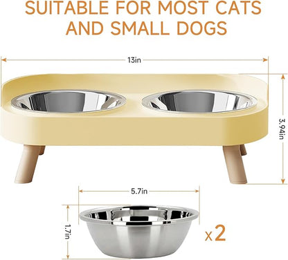 Elevated Cat Bowl, Raised Cat Food and Water Bowl Set for Indoor Cats, Splash Proof with 2 Stainless Steel Pet Food Bowls for Cats and Puppies, Whisker Fatigue and Dishwasher Safe - Yellow