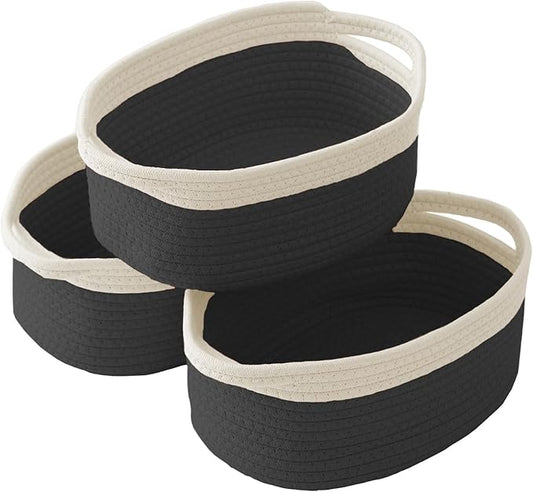 Woven Basket,Small Rope Storage Bin with Handles & Ribbon Bag, Organizer for Shelves Closets,Gift Basket Empty for Birthday,Books,Dog Toys, White&Black/3 Pack