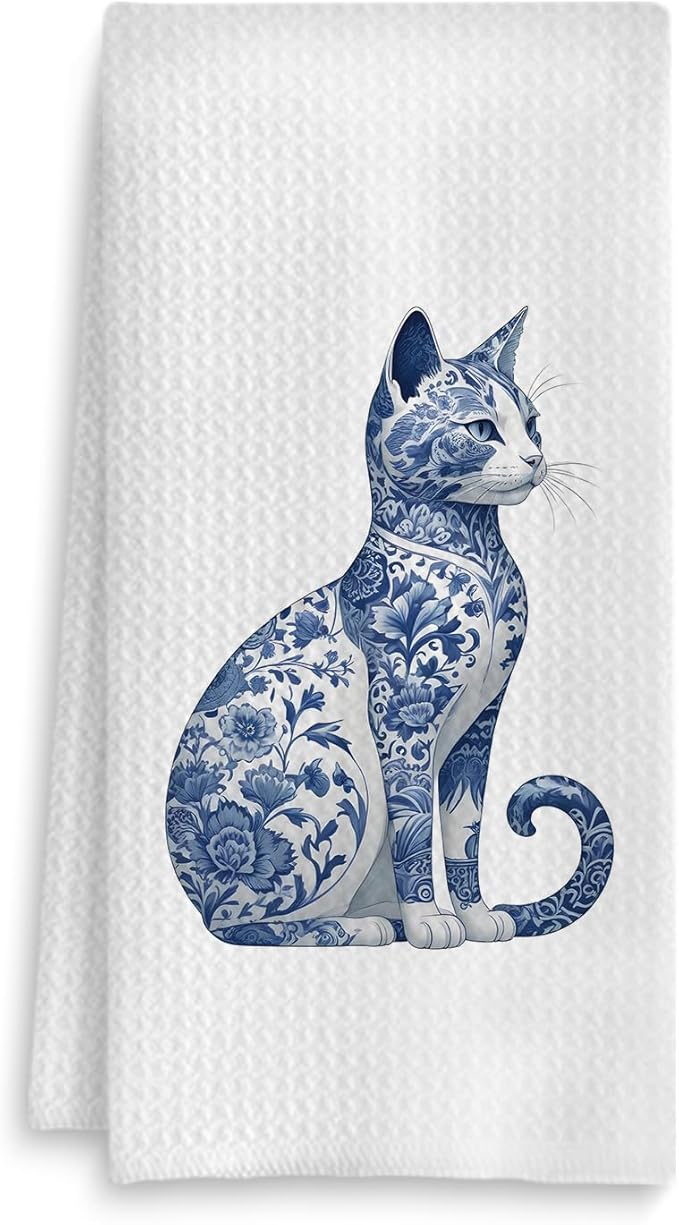 Blue and White Chinoiserie Floral Cat Kitchen Towel, Vintage Floral Cat Hand Towel Dish Towel, Kitten Women Mom Lady Gifts, 16x24 Inch