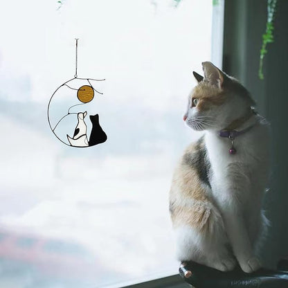 Dog and Cat Friendship Decor Stained Glass Window Hanging,Pet Memorial Gifts Suncatcher for Window,Black Cat Themed Gifts for Cats Lovers,Dog Lovers Giftss for Women