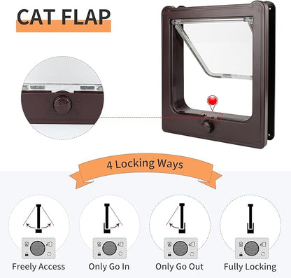 NAMSAN Cat Door Interior Door, Brown, Flap Opening 7.1" x 7.3", 4 Way Locking Cat Door for Exterior Door, Weatherproof Pet Door for Cats Small Dogs, Cat Flap Doors for Wooden/Metal Door, Window