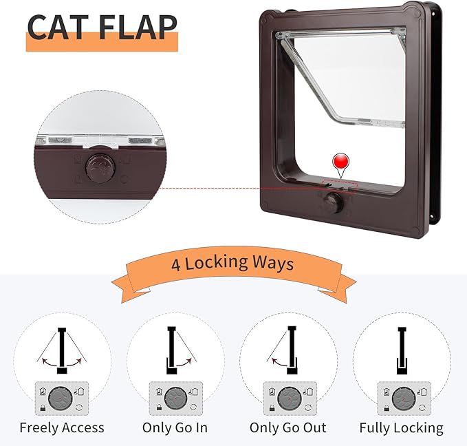 Large Cat Door for Interior Door (Outer Size 10.8"x9.25") 4-Way Locking Cat Door for Exterior Door Brown Cat Flap Up to 25lb