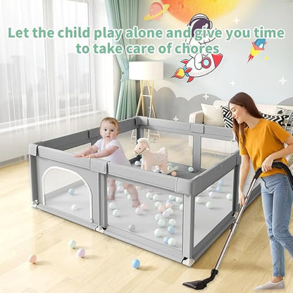 Large Baby Playpen,59" x 71" Baby Playard for Babies and Toddlers, babyFence Play Pens for Indoor & Outdoor, Sturdy Safety Play Yard with Soft Breathable Mesh, Anti-Fall (Grey)