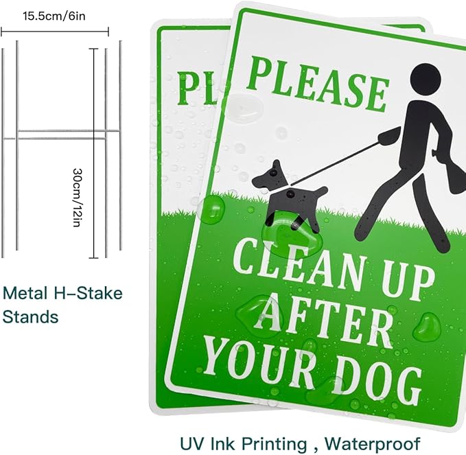 Clean Up After Your Dog Signs, 2 Pack 12"x9" with Metal H-Stakes No Poop Double Sided Pick Up After Your Dog Signs For Yard