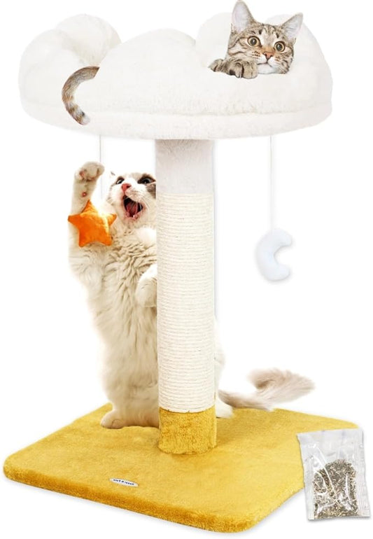Happi N Pets 28" Tall Cat Scratching Post with Bed, Small Cat Tree for Indoor Cats, Thick Cat Scratch Post with Cloud-Shaped Soft Perch & Cute Toys, Stable Cat Stand, Removeable Cover, Bounus Catnip