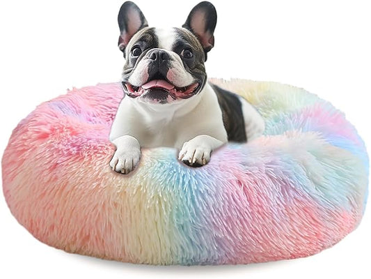 JOLLYVOGUE Calming Dog Beds Large Sized Dog, 36in Donut Washable Large Pet Bed, Anti-Slip & Anti-Anxiety Fluffy Faux Fur Round Dogs Bed, Fits up to 80 lbs Pets (Rainbow)