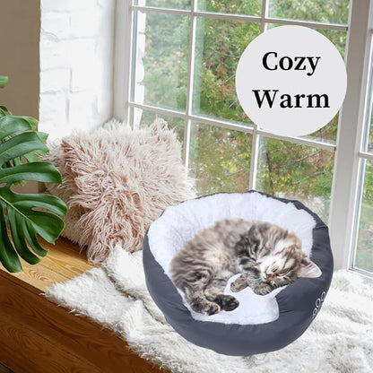 Evelots Calming Donut Cat Bed - Warm Pet Bed for Cats and Small Dogs - Anti-Anxiety Cozy Cuddler - Removable Soft Plush Cushion - Machine Washable - Non-Slip Bottom - Grey