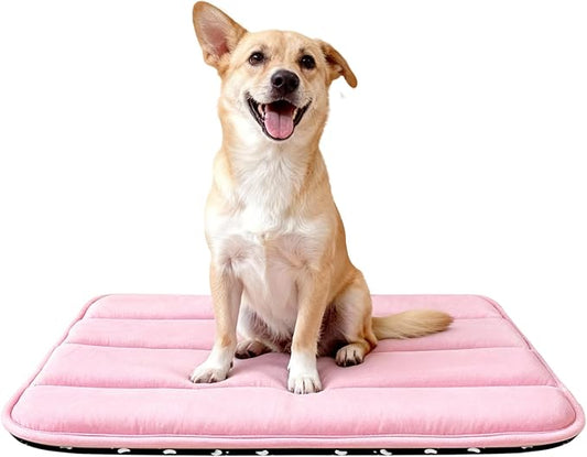 Dog Bed Mat, Reversible Dog Crate Pad with Washable Kennel Mat and Soft Foam, Flat Pet Bed for Dogs & Cats, for Crates Carriers & Travel (Pink, 28" L*16" W*1.5" Th)