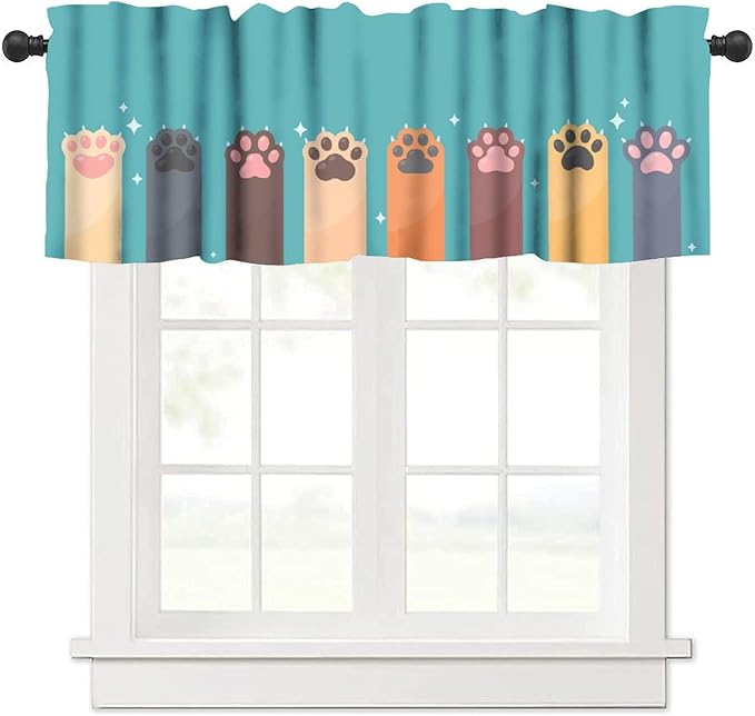 Paw Valances Curtain for Kitchen, Cartoon Cat Dog Paws Pattern Window Treatment Valances Short Curtains Rod Pocket Drape for Dining Room Home Farmhouse Decor, 54x18inch