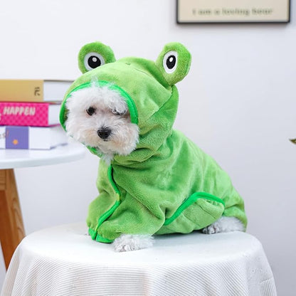 Dog Bathrobe with Hood Super Absorbent Soft Quick Drying Towel Wrap Adjustable Puppy Cat Bath Robe Towel for Cold Weather Beach Pool (Green Frog, Large)