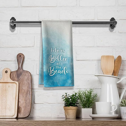 Kitchen Towels for Women- Funny Joked Life is Better at The Beach Saying Microfiber Bar Tea Towel, for Mom Friends Hostess New Home on Birthday Christmas-Blue 16" x 24"