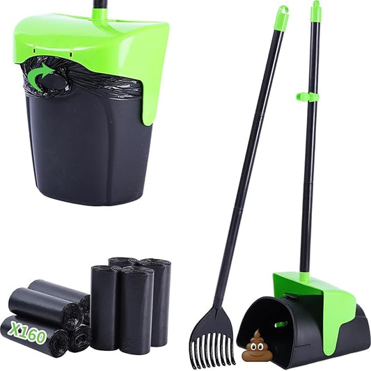 ienjoyed Pooper Scooper Large Swivel Bin & Rake with 160 Waste Bags,Heavy Duty Dog Pooper Scooper with Bag Attachment for Dogs, Long Handle Poop Scooper with Lid for Yard, Grass, Gravel(Green)