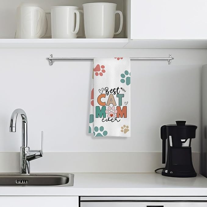 Best Cat Mom Ever Kitchen Towels, Cat Mom Lady Lover Gifts for Women, Cute Kitty Kitten Paw Decorative Dish Tea Hand Towels for Kitchen Bathroom, 16x24 Inches(Style C)