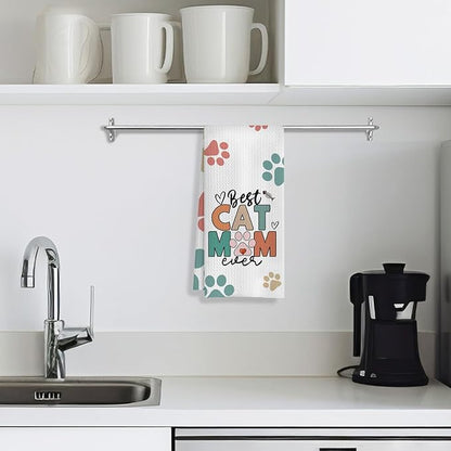 Best Cat Mom Ever Kitchen Towels, Cat Mom Lady Lover Gifts for Women, Cute Kitty Kitten Paw Decorative Dish Tea Hand Towels for Kitchen Bathroom, 16x24 Inches(Style C)