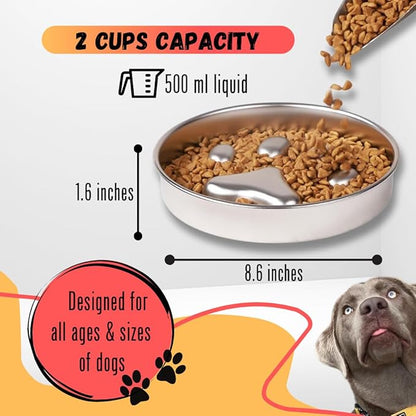 STRUNGZ Stainless Steel Slow Feeder Dog Bowl - 2 Cups Capacity With Non-Slip Silicone Base