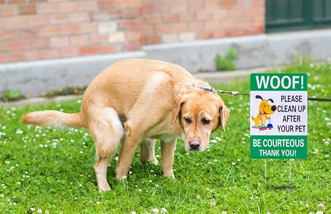 WaaHome Pack of 2 Double Sided Woof Please Clean Up After Your Pet Yard Signs with Stakes, 8"X12" Funny No Poop Pee Dog Yard Sign Lawn Sign