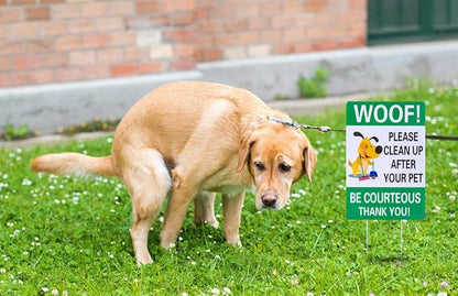 WaaHome Pack of 2 Double Sided Woof Please Clean Up After Your Pet Yard Signs with Stakes, 8"X12" Funny No Poop Pee Dog Yard Sign Lawn Sign