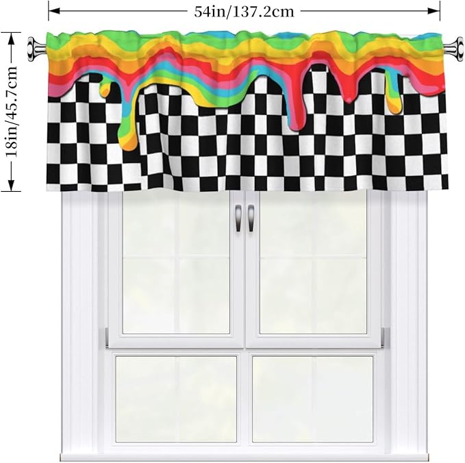 Rainbow Checkerboard Curtain Valance Short Rod Pocket Window Treatment for Living Room Bedroom Kitchen Bathroom 1 Panel 54" W x 18" L