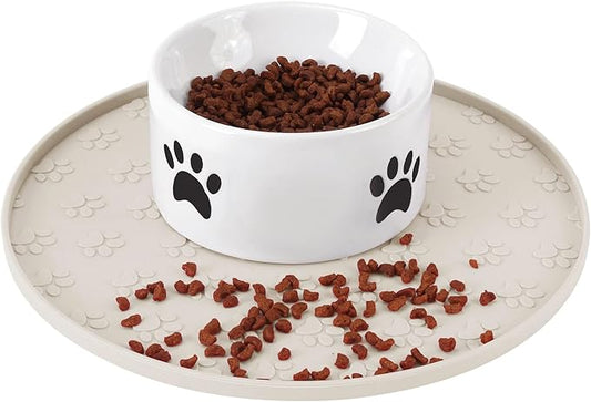 Silicone Pet Food Mat - Waterproof Dog Food Bowl Mat Cat Feeding Mat Thicker Pet Placemat Eating Mat with High Lip to Prevent Spills, Dog Cat Water Bowl Mat for Messy Drinkers to Protect Floors, Beige