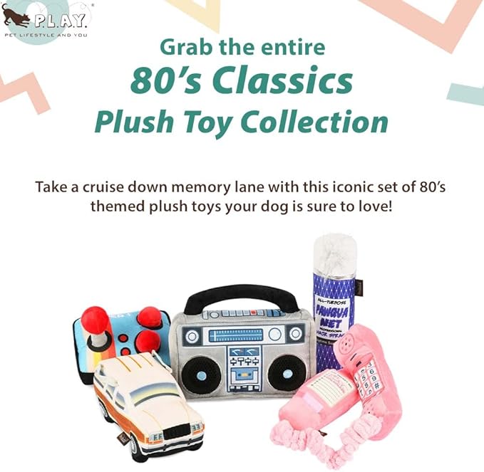 P.L.A.Y. Cute Plush Dog Toys - 1980s Classics Themed Durable Squeaker 2-in-1 Chew Toy, Great for Puppies & Small, Medium, Large Dogs - Machine Washable, Recycled Materials (Boop Box Boombox & Casette)