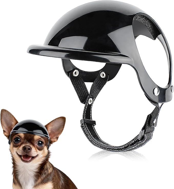 Extra Small Dog Helmet with Ear Holes - Adjustable, Lightweight, Hard Black Puppy Helmet for Outdoor Activities/Motorcycle/Bike