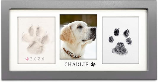 MYPAWLETS Paw Print Frame Kit,Dog/Cat Paw Print Kit,Soft Pawprint Clay&Clean Touch Ink Pad,Pet Paw Print Impression Kit with Customization Tool,Wooden Pet Memorial Frame,DIY Dog Lover Gifts-Grey