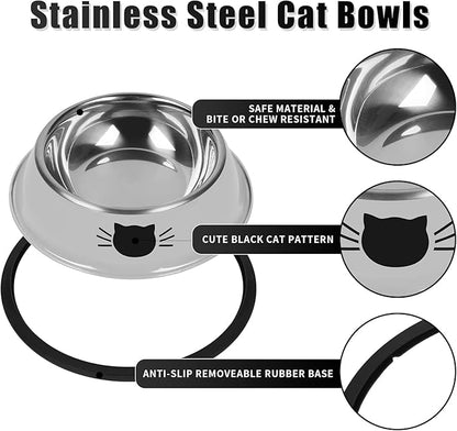 2 Pcs Non-Slip Stainless Steel Small Cat Food Bowls - Unbreakable, Thicken 7 Oz Cat Dishes - Indoor, Removable Rubber Base, Easily Clean, Lovely Color