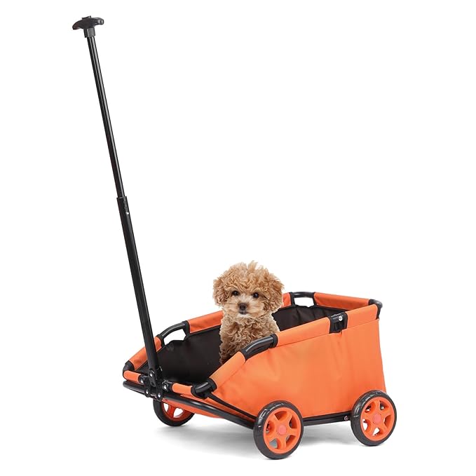 Mini Dog Strollers for Mini Pets, Foldable Multifunctional Shopping Carts with Extendable Pull Handle, Doggie Wagon Built-in Cushion and Safety Rope with Storage Bag (Orange)