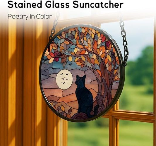 Stained Glass Window Hanging， Black Cat 9.8in Sun Catchers Indoor Window， Core Decor Inside and Outside The Cottage， Gothic Home Decor Gifts for Women， Cute Cat Lover Decor