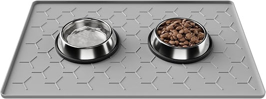 Pieviev 24''x16'' Dog Cat Food Bowl Mat, Silicone Waterproof Food Grade Pet Food Mat for Floor, High Raised Edge to Prevent Spills, Non-Slip & Easy Clean Pet Placemat for Dog & Cat Bowls, Light Gray