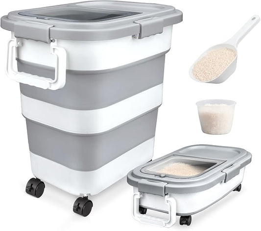 Rice Storage Container, Collapsible Airtight 10-40 Lb Rice Storage Container, Pet Dog Food Storage Container 25lb, Rice Dispenser Bin with Cup and Scoop for Flour Cereal Pasta Grain, Cat Bird